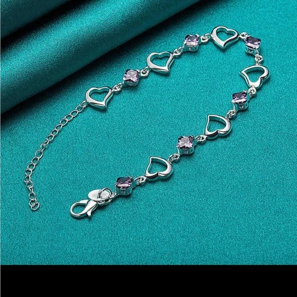 NEW 925 Sterling Silver Heart Purple Bracelet - Picture 3 of 8